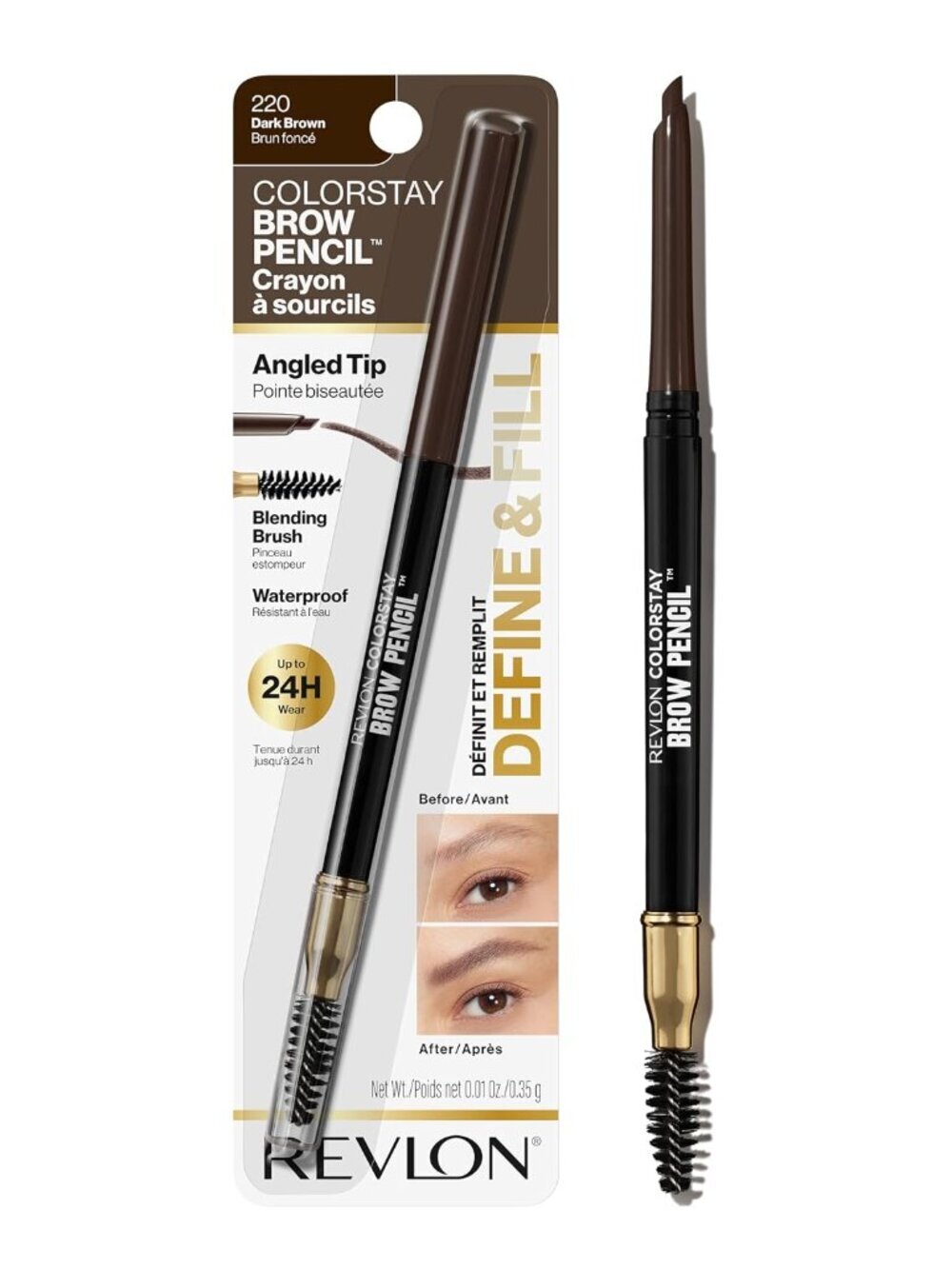 Revlon ColorStay Brow Pencil, 220 Dark Brown, 0.021 oz